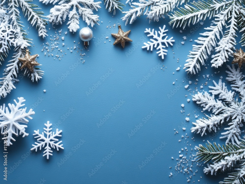 Minimalist Christmas composition with branches of a tree, red berries and snowflakes on blue background. Perfect backdrop for holiday postcards, invitations and social media posts Minimalist Christmas composition with branches of a tree, red berries and snowflakes on blue background. Perfect backdrop for holiday postcards, invitations and social media posts