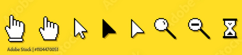 Pixel art computer cursor and icons on yellow background.