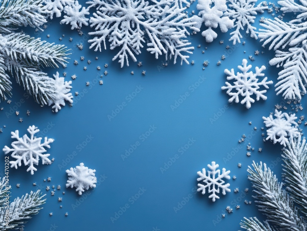 Minimalist Christmas composition with branches of a tree, red berries and snowflakes on blue background. Perfect backdrop for holiday postcards, invitations and social media posts Minimalist Christmas composition with branches of a tree, red berries and snowflakes on blue background. Perfect backdrop for holiday postcards, invitations and social media posts