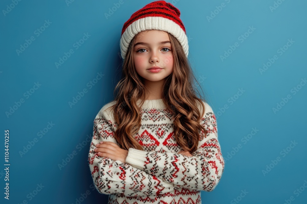Confident girl wearing christmas clothes with crossed arms on blue background Confident girl wearing christmas clothes with crossed arms on blue background