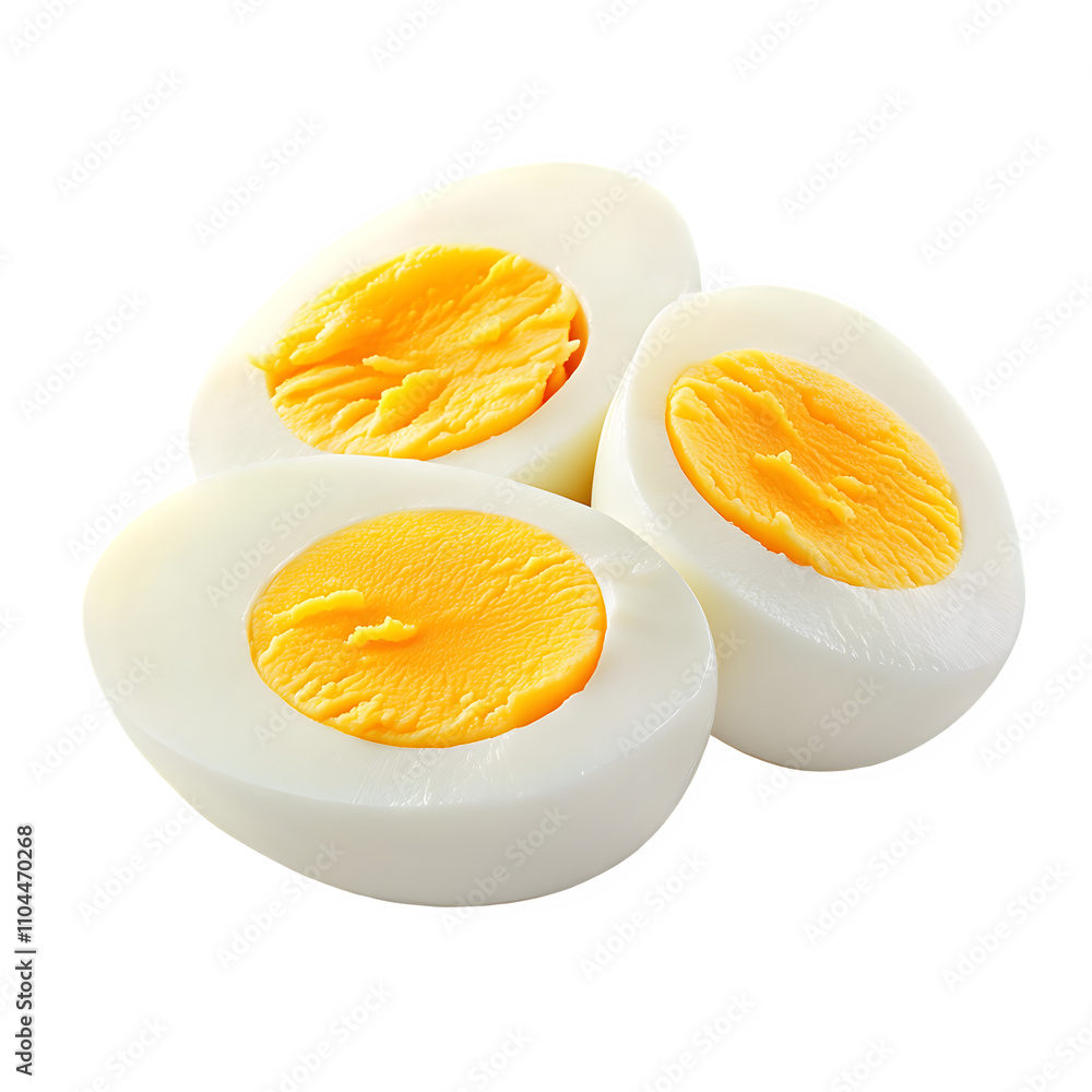 Three halves of boiled eggs showing yolk on a transparent background, ideal for food and nutrition-related projects Three halves of boiled eggs showing yolk on a transparent background, ideal for food and nutrition-related projects