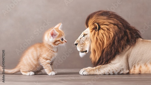 A playful scene showing a kitten and a lion gazing at each other, embodying the contrast between domesticity and wildness. photo