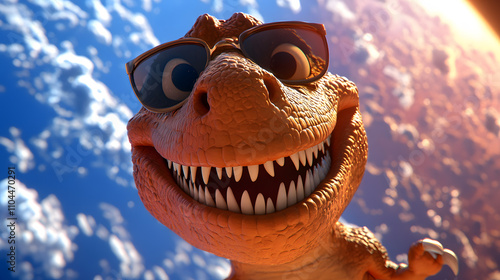 Joyful Dinosaur Wearing Sunglasses Smiles Brightly in Space With a Vibrant, Cosmic Backdrop