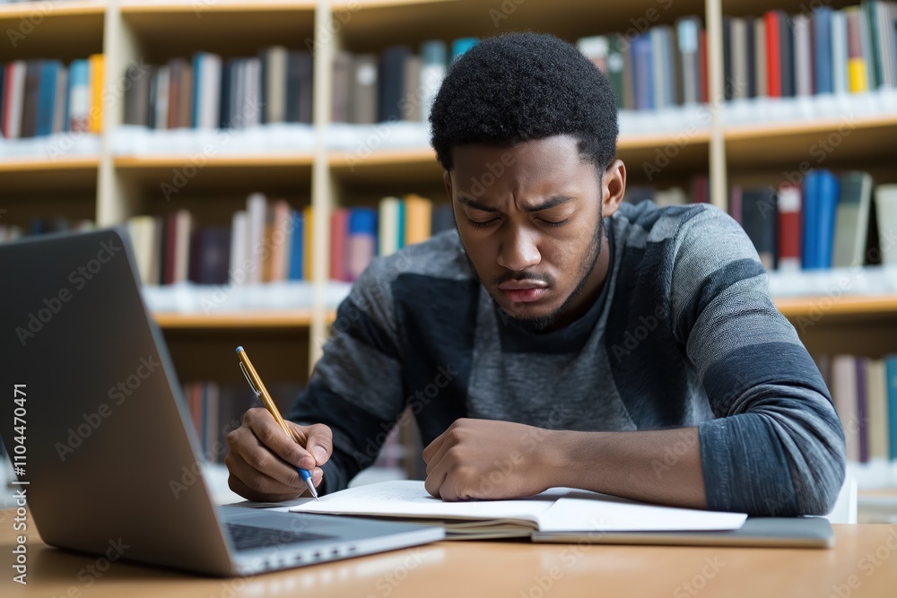 Student writing in library. Tired college student works in library. Focused on studies. Academic struggle apparent. Young black man. Using laptop for research. Serious look. Library setting. Student writing in library. Tired college student works in library. Focused on studies. Academic struggle apparent. Young black man. Using laptop for research. Serious look. Library setting.