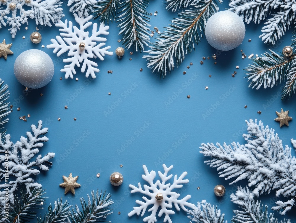 Minimalist Christmas composition with branches of a tree, red berries and snowflakes on blue background. Perfect backdrop for holiday postcards, invitations and social media posts Minimalist Christmas composition with branches of a tree, red berries and snowflakes on blue background. Perfect backdrop for holiday postcards, invitations and social media posts