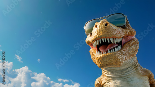 Dinosaur With Sunglasses Enjoys a Sunny Day in a Vibrant Blue Sky Surrounded by Fluffy Clouds