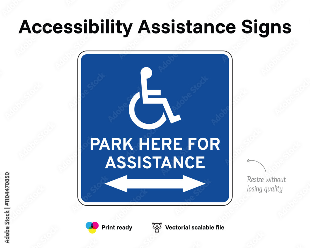 Accessibility assistance signs. Park here for assistance. Right and left arrow. Assistance sign with wheelchair symbol. Blue square. Accessibility assistance signs. Park here for assistance. Right and left arrow. Assistance sign with wheelchair symbol. Blue square.