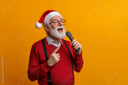 Grey haired stylish christmas grandfather in red hat cap celebrate x-mas party hold microphone sing noel carols feel funky with big belly wear suspenders isolated over yellow color background photo