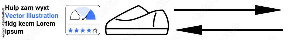Sneaker outline, rating stars, triangle icon with blue accent, arrows pointing opposite directions, placeholder text. Ideal for e-commerce, user feedback, product reviews, navigation, advertisements Sneaker outline, rating stars, triangle icon with blue accent, arrows pointing opposite directions, placeholder text. Ideal for e-commerce, user feedback, product reviews, navigation, advertisements