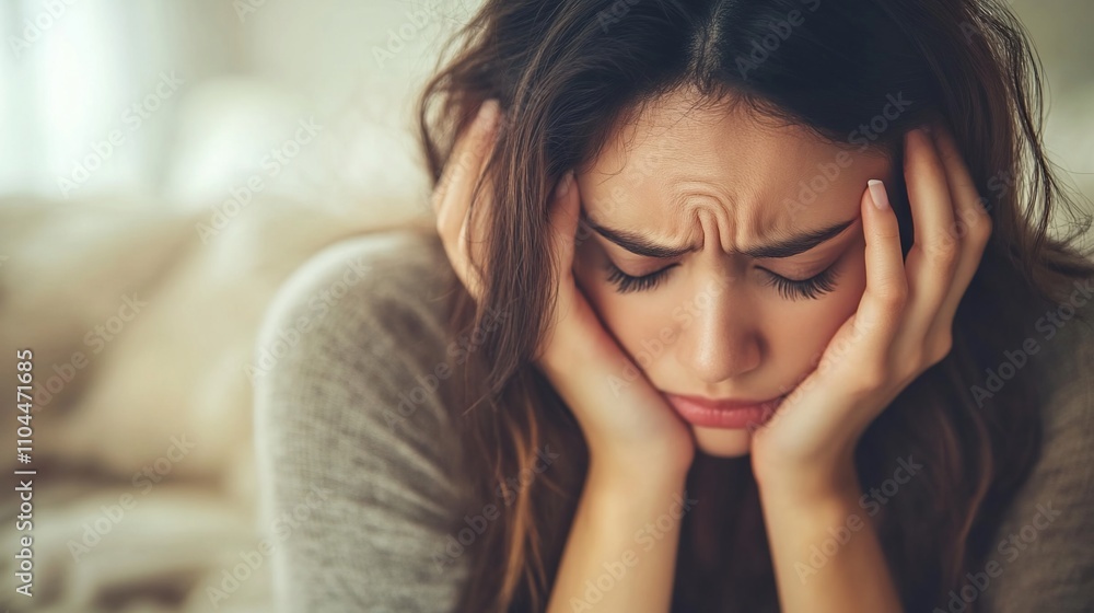 Sad woman with head in hands, showing stress and worry. Sad woman with head in hands, showing stress and worry.