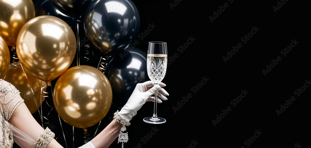 beautiful elegant female hand with glass of champagne, black and gold balloons, festive background beautiful elegant female hand with glass of champagne, black and gold balloons, festive background