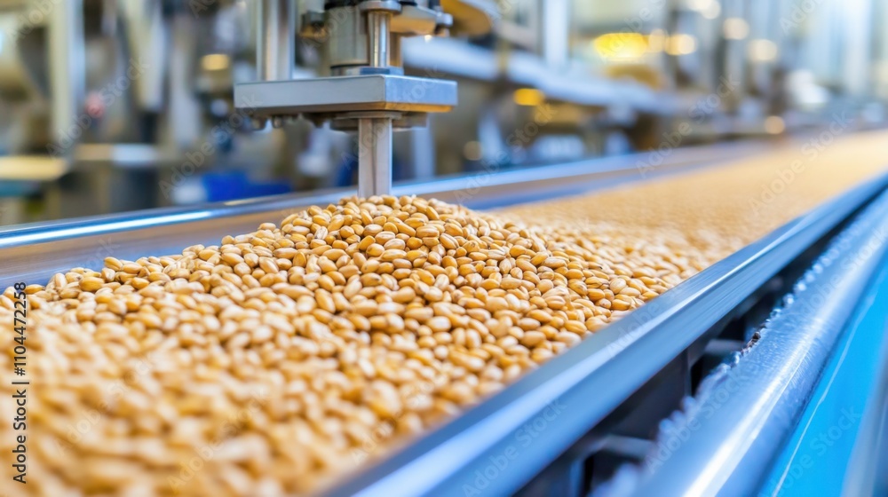 Fototapeta premium High-tech food processing line sorting and preparing golden grains for packaging in industrial facility