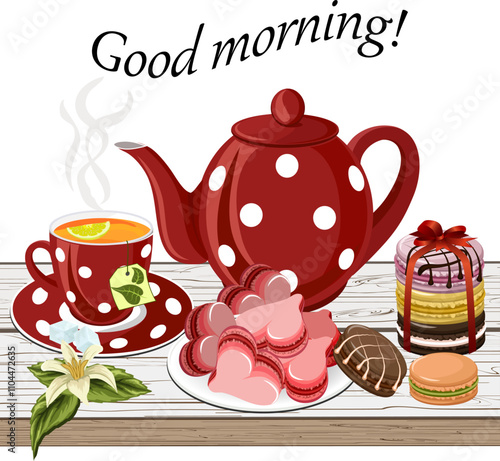 Morning tea with macarons.Cup with tea, teapot and colorful macaroons on wooden tabletop in vector illustration.