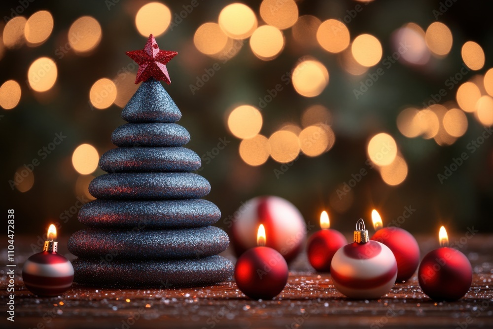 Fabulous winter composition with small tree and warm light of candles. Perfect background for creating New Year’s collages and postcards. Fabulous winter composition with small tree and warm light of candles. Perfect background for creating New Year’s collages and postcards.