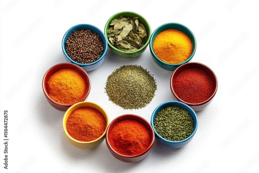 Colorful Indian Spices in Ceramic Bowls from Above Colorful Indian Spices in Ceramic Bowls from Above