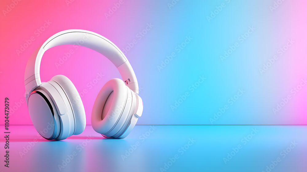Stylish White Headphones Set Against a Vibrant Pink and Blue Backdrop for Modern Audio Experiences Stylish White Headphones Set Against a Vibrant Pink and Blue Backdrop for Modern Audio Experiences