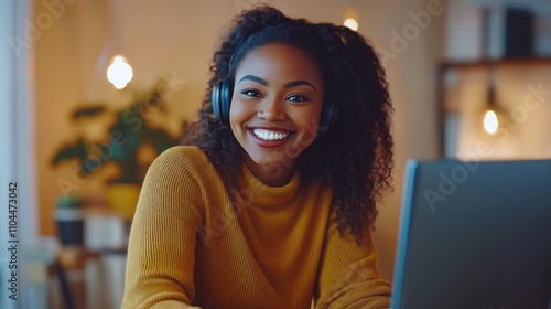 Smiling African American woman working remotely in virtual video team meeting. Happy professional in casual setting. Modern remote work concept. Inclusive diverse workplace. Focus on tech tools. DEI photo