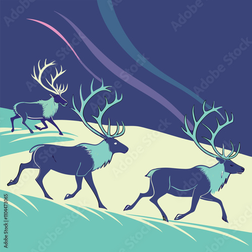 A herd of glowing, magical reindeer running across a snowy field, with their antlers radiating the colors of the northern light Artwork