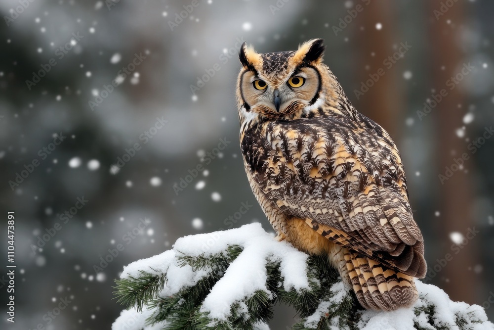 eerie forest guardian, an owl sits on a snow-covered pine tree, keeping a watchful eye over the peaceful forest with its age-old gaze eerie forest guardian, an owl sits on a snow-covered pine tree, keeping a watchful eye over the peaceful forest with its age-old gaze