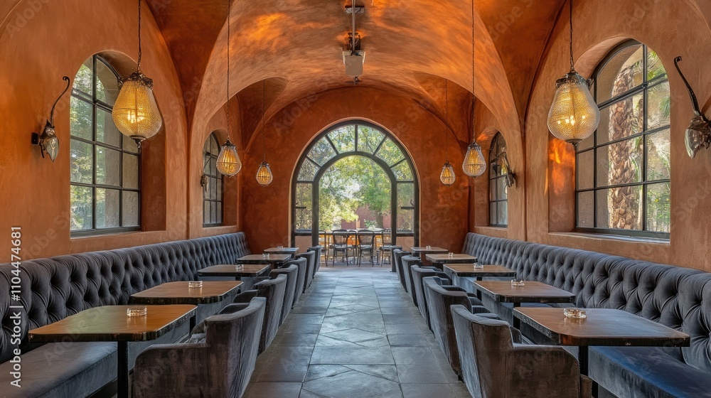 Elegant restaurant interior with arched windows, plush seating, and warm lighting. Elegant restaurant interior with arched windows, plush seating, and warm lighting.
