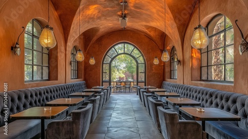 Elegant restaurant interior with arched windows, plush seating, and warm lighting.