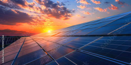 Fototapeta Naklejka Na Ścianę i Meble -  solar panels at sunset renewable green energy Generative AI