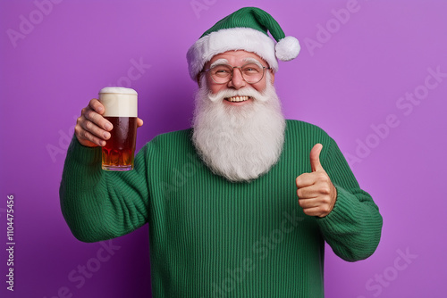 Close-up portrait of his he nice cheery glad cheerful satosfied bearded thick fat Santa drinking beer showing thumbup isolated over bright vivid shine vibrant violet lilac background photo