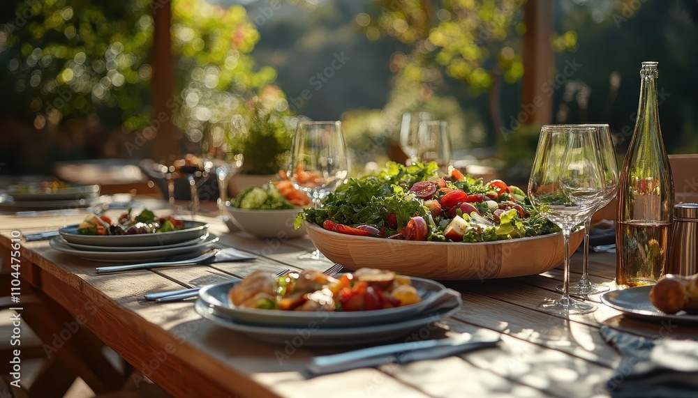 Fresh salad on picnic table, outdoor dining, health focus, clear natural light Fresh salad on picnic table, outdoor dining, health focus, clear natural light