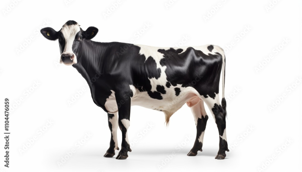 A stunning black and white dairy cow stands confidently against a clean white backdrop. A stunning black and white dairy cow stands confidently against a clean white backdrop.