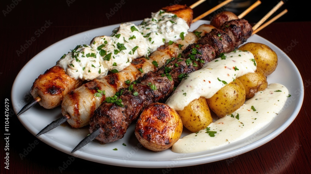 Succulent skewers of marinated meat paired with perfectly roasted potatoes create a tantalizing dish ready to savor Succulent skewers of marinated meat paired with perfectly roasted potatoes create a tantalizing dish ready to savor