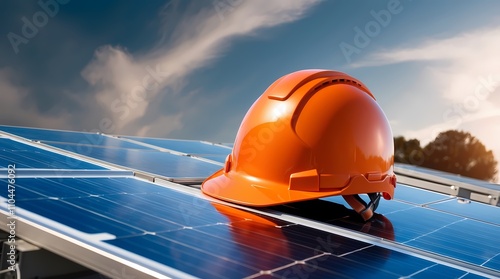 Bright sunlight reflects off solar panels with an orange hard hat resting on top, showcasing renewable energy efforts in progress