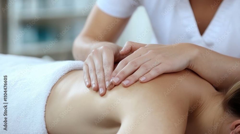 A therapist provides a soothing back massage to a client lying face down in a tranquil wellness center, promoting relaxation and alleviating tension in the muscles A therapist provides a soothing back massage to a client lying face down in a tranquil wellness center, promoting relaxation and alleviating tension in the muscles