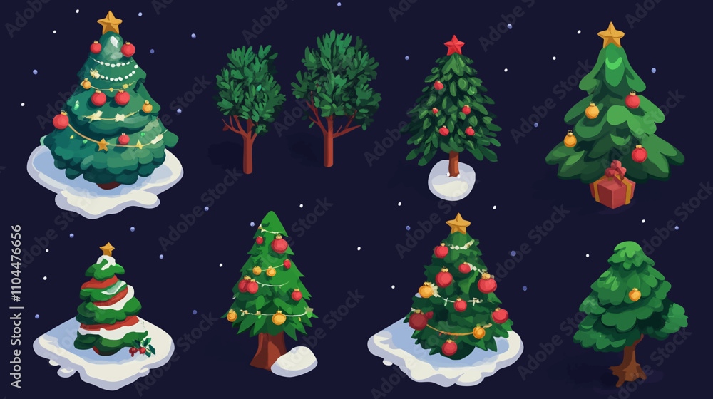 Isometric Christmas tree, 3d fir pine tree, winter holidays symbol. Winter holidays decorated green fir trees vector symbols illustrations set. Vector Christmas trees collection Isometric Christmas tree, 3d fir pine tree, winter holidays symbol. Winter holidays decorated green fir trees vector symbols illustrations set. Vector Christmas trees collection