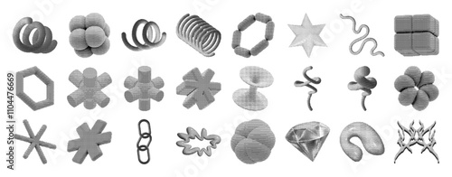 Halftone 3D retrofuturistic shapes, abstract shapes, spheres, squares, lines, spirals, stars, round and rectangular elements, universal 3d geometric shapes set. Bitmap arts, Vector graphic collection