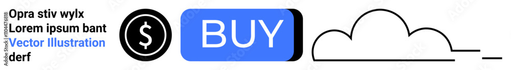 Dollar symbol within a black circle, BUY button in blue and white, minimalistic cloud outline in black. Ideal for e-commerce, online stores, finance apps, buy now buttons, shopping carts, retail Dollar symbol within a black circle, BUY button in blue and white, minimalistic cloud outline in black. Ideal for e-commerce, online stores, finance apps, buy now buttons, shopping carts, retail