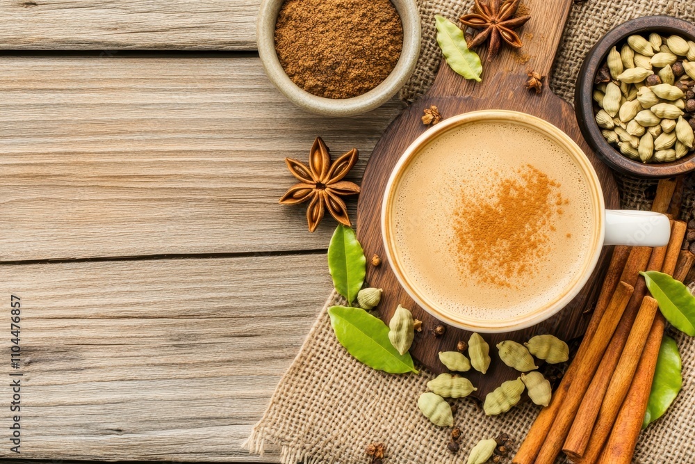 A Warm and Inviting Cup of Spiced Chai Latte Surrounded by Fragrant Spices, Herbs, and Natural Textures on a Rustic Wooden Table Setting for Cozy Moments A Warm and Inviting Cup of Spiced Chai Latte Surrounded by Fragrant Spices, Herbs, and Natural Textures on a Rustic Wooden Table Setting for Cozy Moments