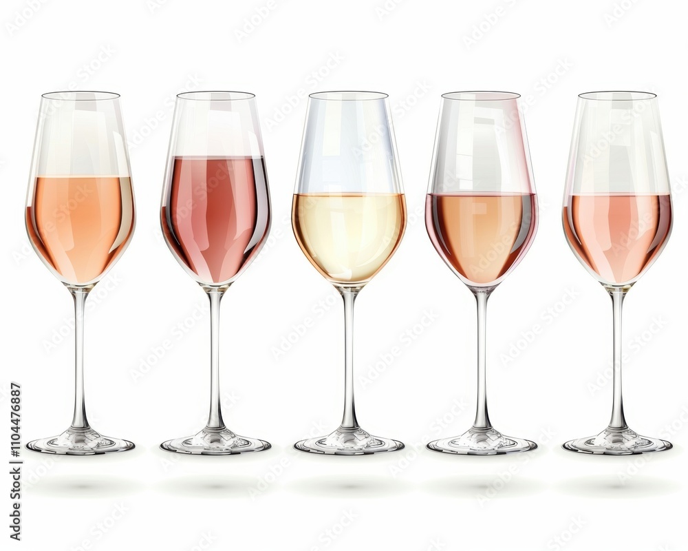 Five elegant wine glasses displaying a gradient of rosé, white, and sparkling wines. Five elegant wine glasses displaying a gradient of rosé, white, and sparkling wines.