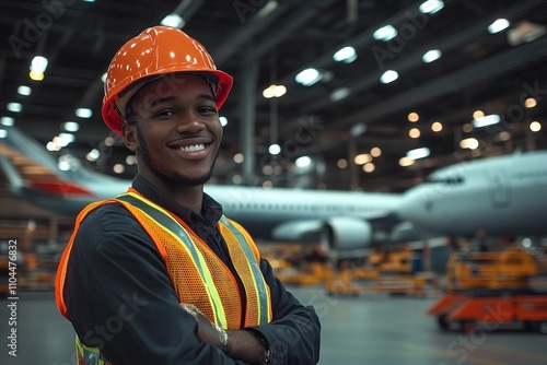 Professional aircraft technician posing proudly with tools and machinery in the background