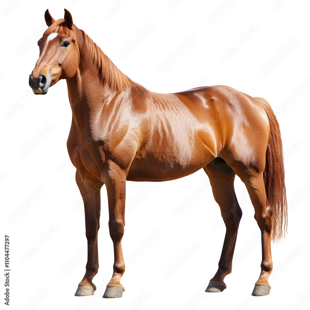 Fototapeta premium Majestic chestnut horse standing against a transparent background, displaying its strength and grace in a full-body view