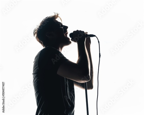 Silhouette of a young Caucasian male singer passionately performing on stage. photo