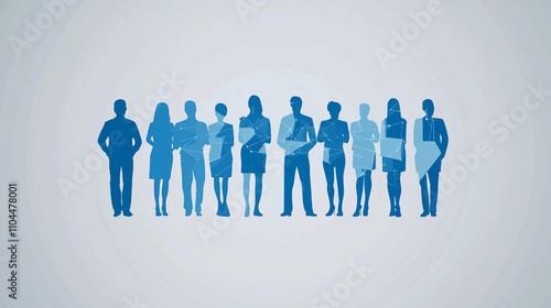 Abstract digital business team concept with people silhouettes in blue colors on a white background. Group of businesspeople standing together, working as a collaborative team watercolor illustration.