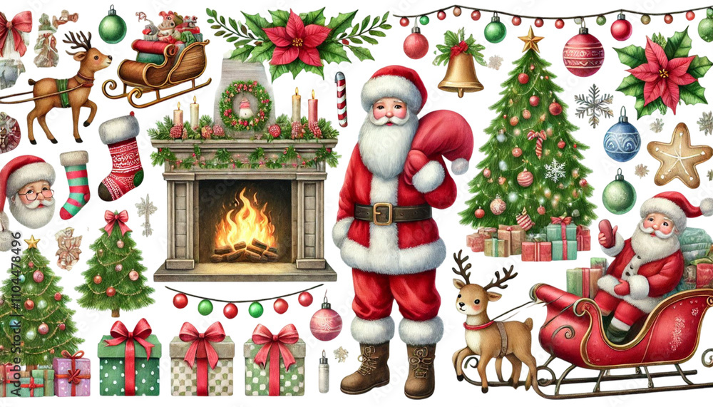Fototapeta premium Santa Claus with an array of Christmas decorations clipart on transparent background