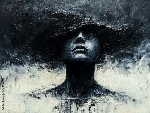 A woman's face is painted on a canvas with a hat covering her head