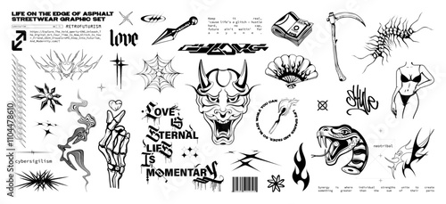 Underground aesthetics, street culture of the 90s, flash tattoo, isolated set for clothing brand, prints, elements for composition, merch, t-shirt, clothes. Street culture vector prints, tattoo art