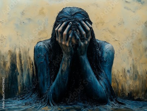 A woman is in a painting with her hands on her face