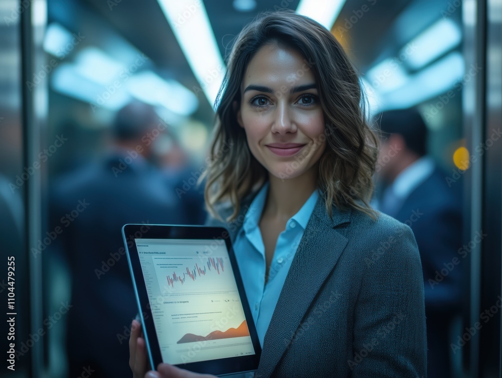 Fototapeta premium Startup founder holding tablet showing positive financial results in elevator