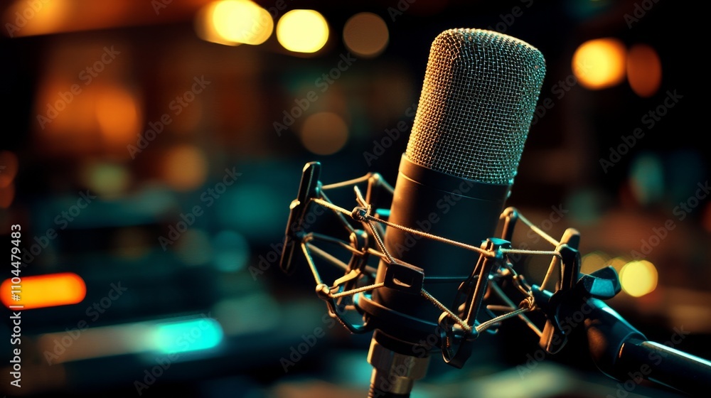 A professional microphone setup with an arm stand and shock mount in a home recording studio A professional microphone setup with an arm stand and shock mount in a home recording studio