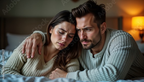 Sad couple in bedroom discuss problems. Woman comforts man. Relationship issues. Possible separation. Emotional moment. Conflict. Inside home. Family problems. Difficult time. Help. Support. Unhappy.