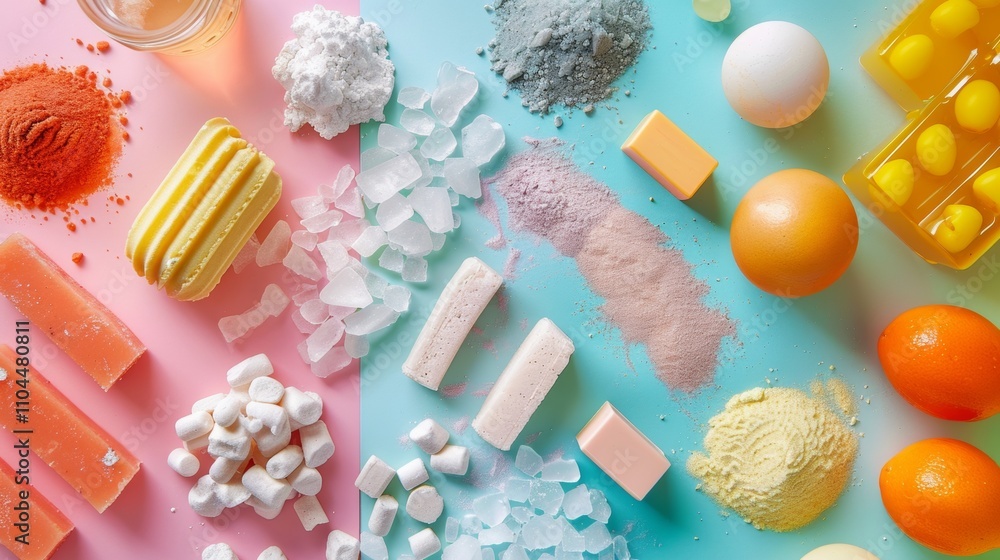 Flat-lay of colorful ingredients on pastel background Flat-lay of colorful ingredients on pastel background