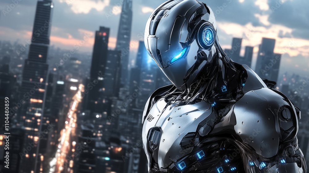 A robotic humanoid with sleek, silver armor and glowing blue eyes, standing in a futuristic cityscape A robotic humanoid with sleek, silver armor and glowing blue eyes, standing in a futuristic cityscape